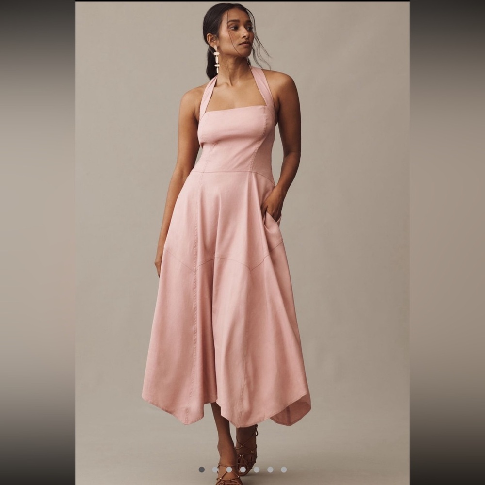 Anthropologie Linen Blend Halter Midi Dress